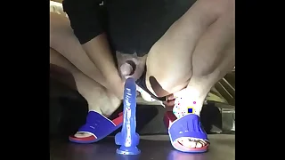 Gay dildo masturbation while people wait for